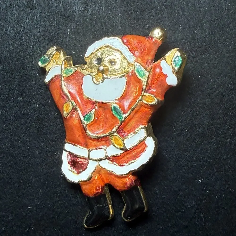 Vintage Happy Santa Claus Enamel Christmas Brooch Pin Red White Gold Green Black